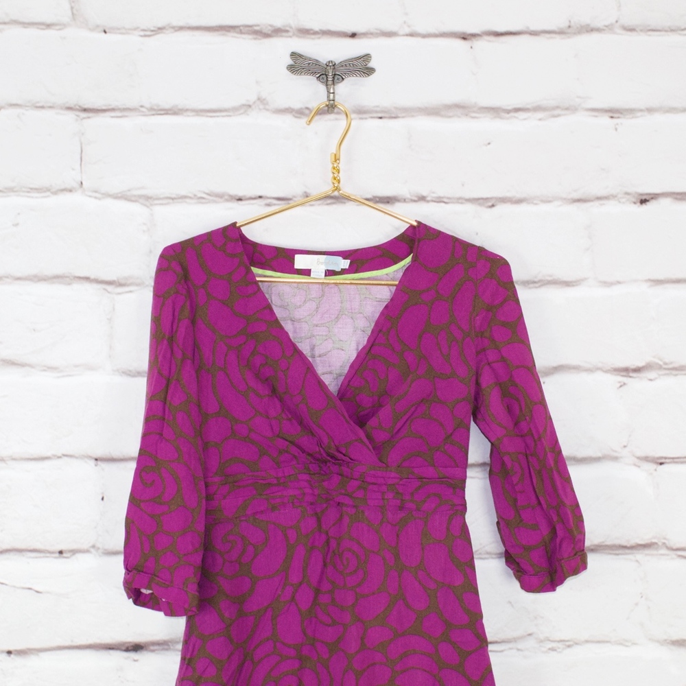 Boden Purple Printed Deep V Neck Wrap 3/4 Sleeves Side Zip Dress Size 6 - Picture 2 of 8